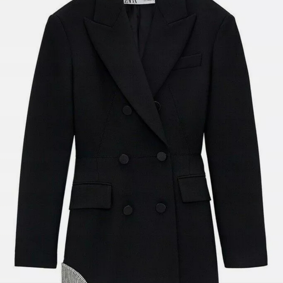 Zara Blazer Dress Limited Jewel Rhinestone Trim Fringe Black - Picture 7 of 9
